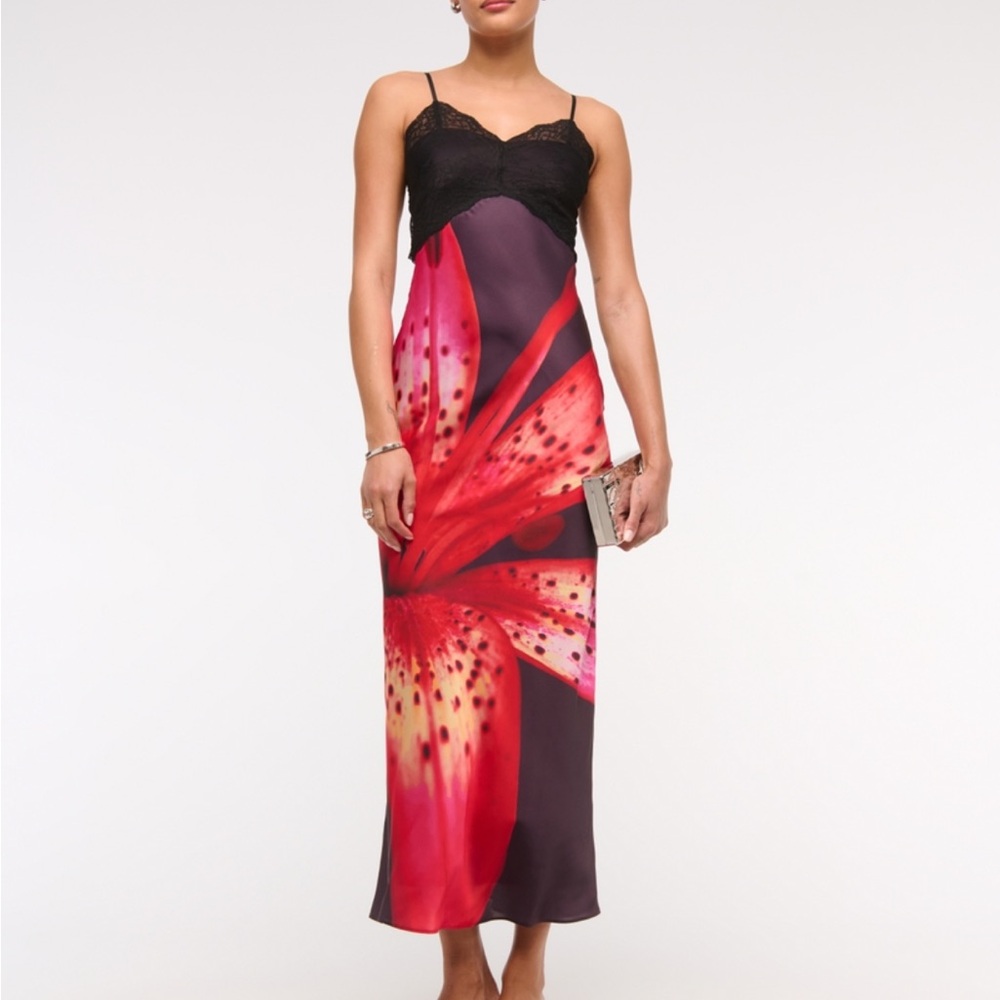 Abercrombie & Fitch Black Slip Maxi Dress with Red Floral Print
